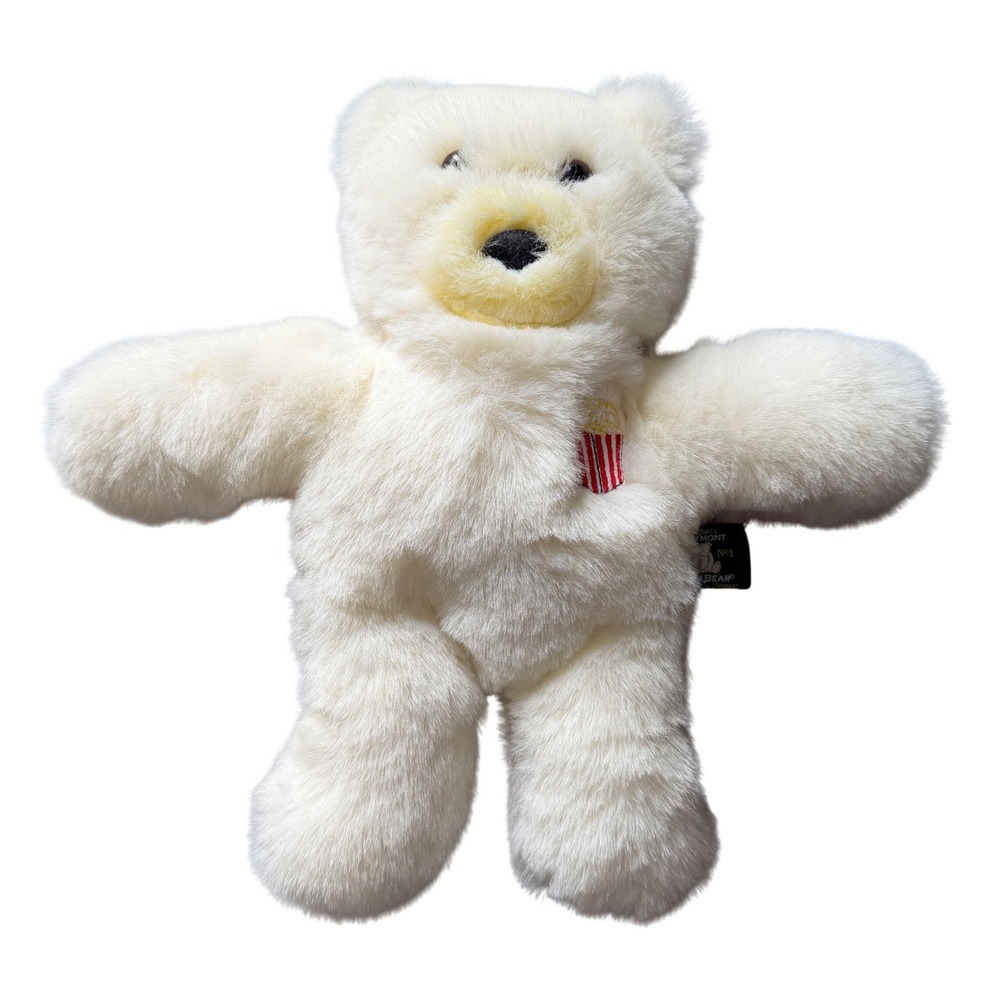 Vintage Vermont Teddy Bear White Plush Popcorn Embroidery Flat Face Scented